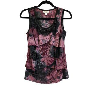 Y2K Whimsigoth Fairy PM Sleeveless Velvet Floral Tiered Tank Top Blouse Purple